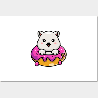 Cute baby polar bear with doughnut cartoon Posters and Art